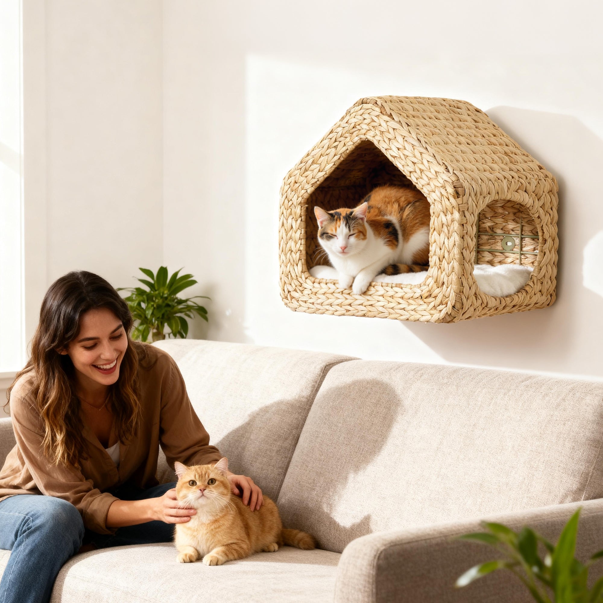 Wall Mounted Cat House, Cat Wall Furniture, Cat Wall Shelf with Washable Cushion, Natural